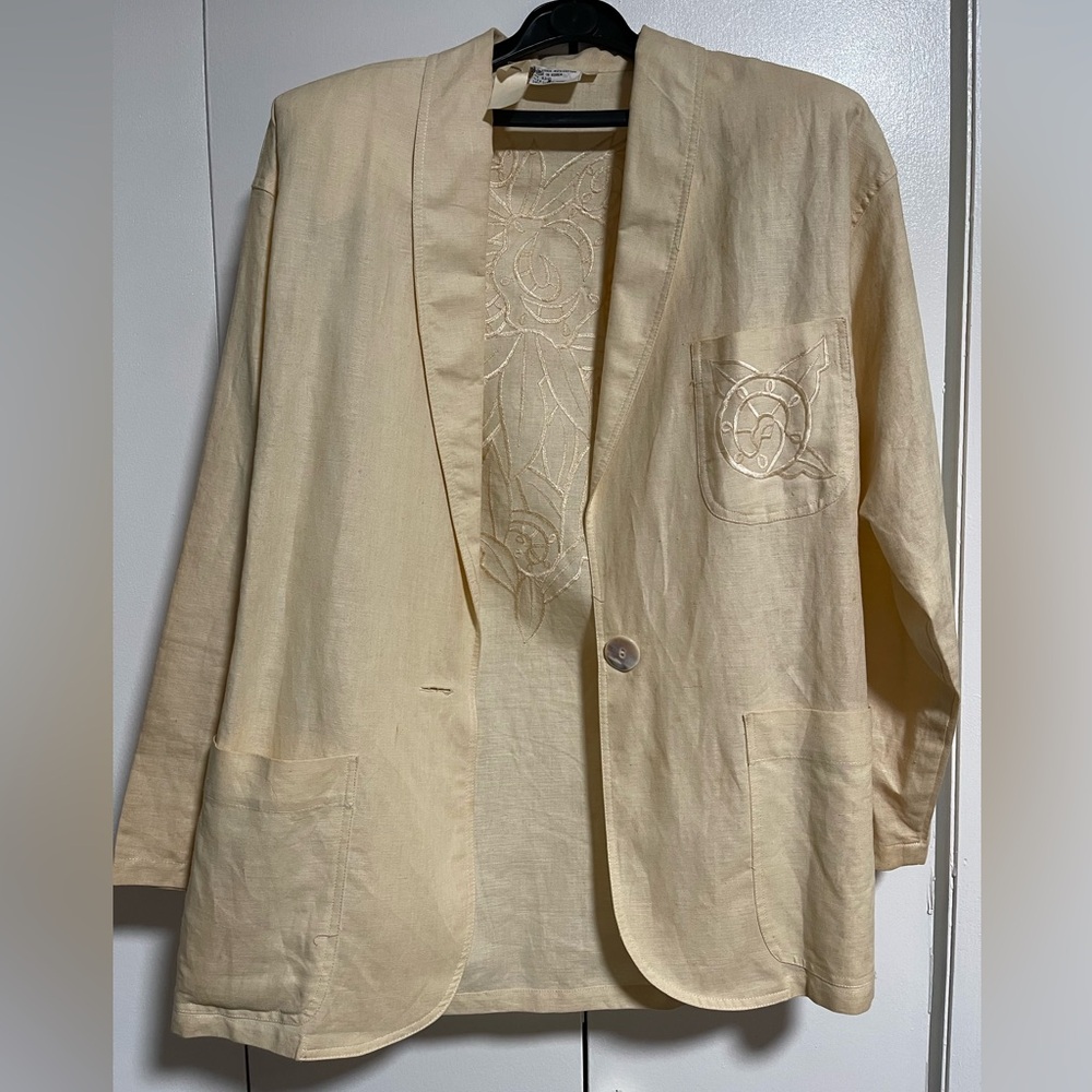 Vintage 80s Dennis Goldsmith Cream Women's Blazer with Embroidered Design